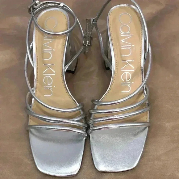 Calvin Klein Womens Quen Silver Leather Ankle Strap Heels Size 8.5 - Picture 1 of 5